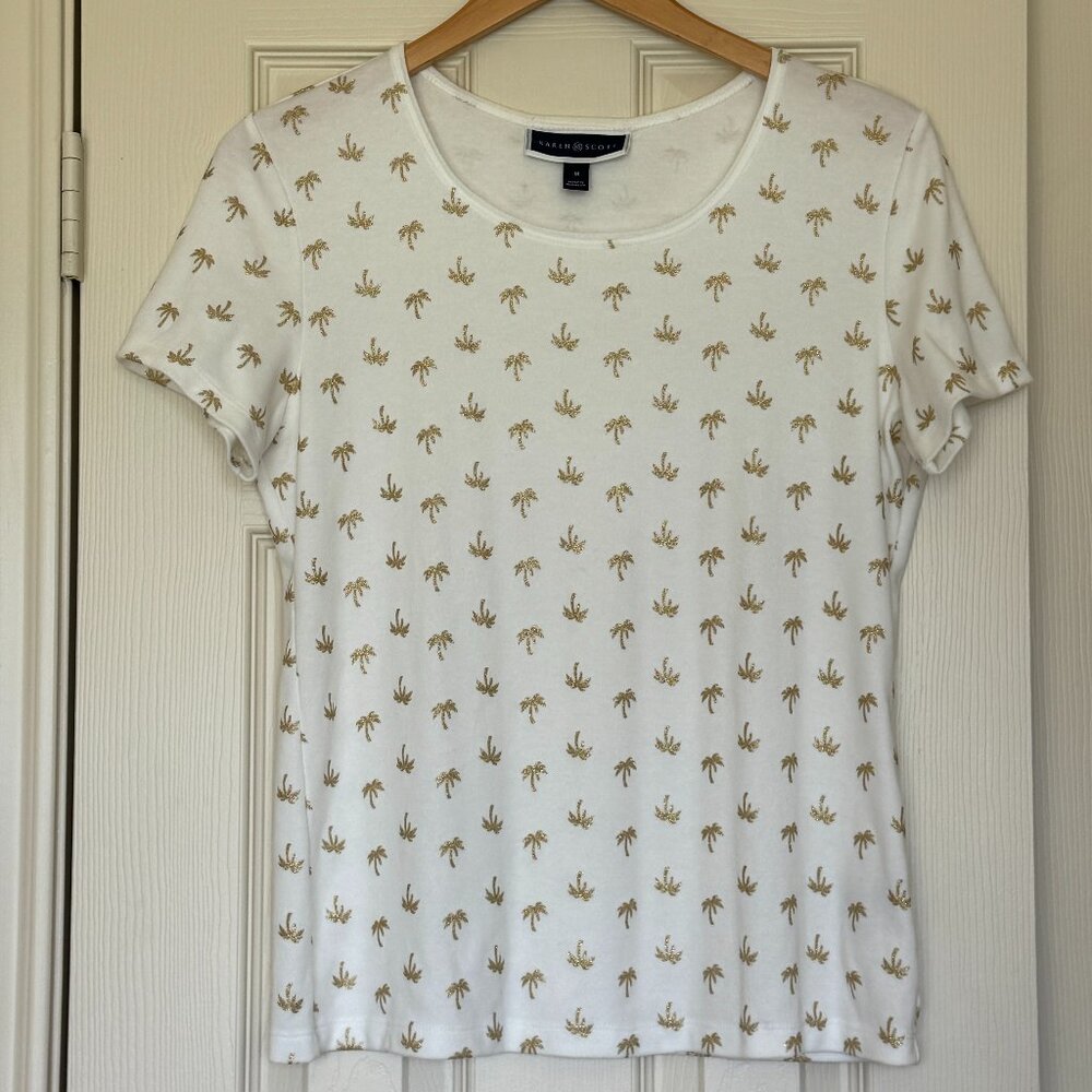 EVERY DAY SPARKLE Karen Scott Gold Palm Tree Short Sleeve White Tee Size M - EUC